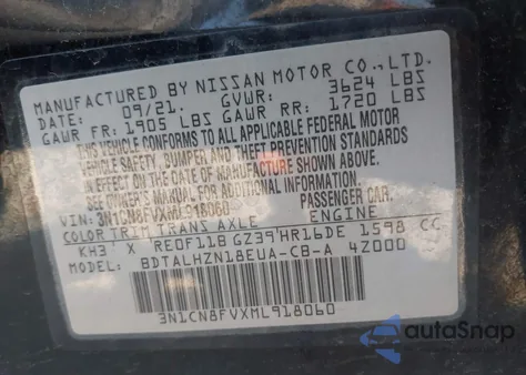 2021 Nissan Versa Sr Xtronic Cvt from USA, damaged, VIN 3N1CN8FVXML918060
